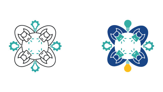 Professional business team meeting and brainstorming icon set vector illustration featuring a circular group of people with lightbulb and gear icons for creative strategy design