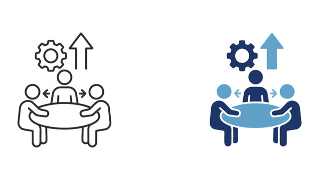 Group meeting at circular table with gear icon and upward arrow symbolizing organizational growth and collaborative project management for corporate business strategy and team development sessions