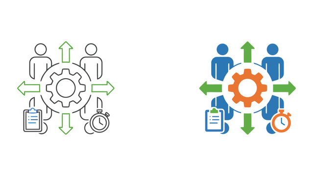Team project resource management icon showing people with clipboard and timer gear for time management and task allocation concepts in outline and modern color vector styles