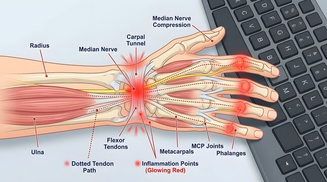 Anatomical illustration of human wrist showing median nerve, carpal tunnel, flexor tendons with glowing red inflammation points beside computer keyboard representing repetitive strain injury 