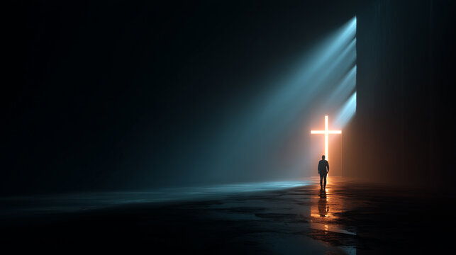 person standing before illuminated christian cross in darkness symbolizing faith hope and spiritual guidance