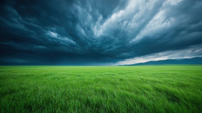 Moody Dark storm clouds rolling over an open field, casting dramatic shadows on the landscape.
