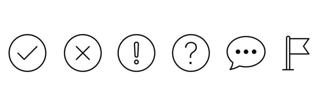 Minimalist status icon set containing checkmark, cross, exclamation, question mark, chat bubble, flag vector illustration.
