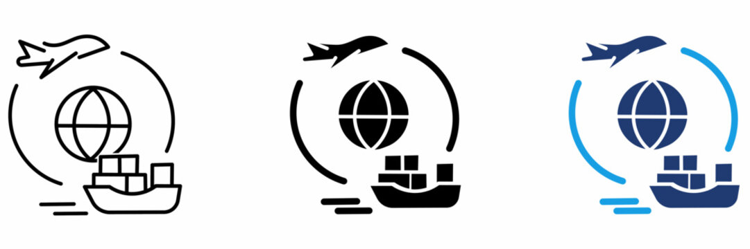 Worldwide Cargo Logistics icon collection. Containing Globe, Airplane, Cargo Ship, International Freight, Export and more icons.
