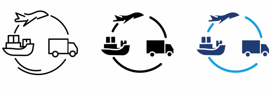 Global Multimodal Freight icon collection. Containing Ship, Airplane, Truck, Cargo, Logistics and more icons.