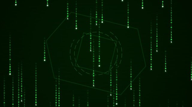 Abstract digital rain data stream with hexagonal network overlay