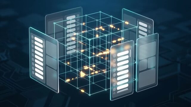 3D motion graphic of a glowing data cube network surrounded by futuristic glassmorphism UI dashboard panels.