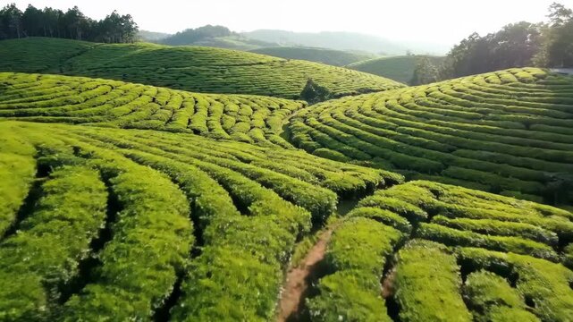 Panoramic view of the natural scenery of the tea garden, aerial photo of the green tea garden terraces