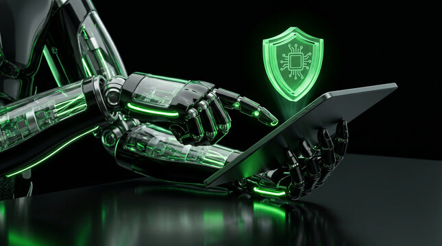 Robotic arm interacting with a digital display featuring a shield icon rendered in a futuristic 3d style robot hand android artificial intelligence