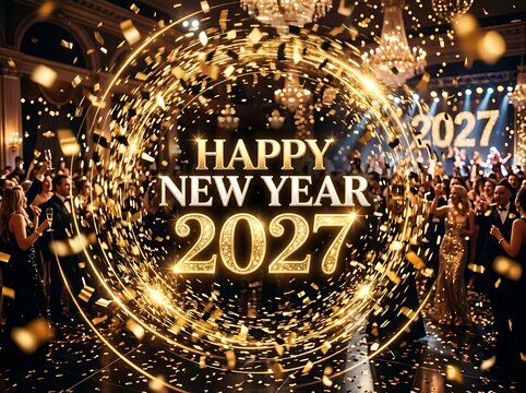 Happy new year 2027, people celebrating with champagne and confetti at a luxurious gala, festive party atmosphere.