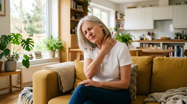 Senior woman sitting on yellow sofa at home touching her neck in pain with discomfort expression representing neck stiffness chronic pain elderly health problem muscle tension cervical strain