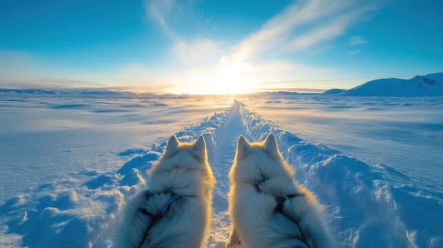 North Sled dogs racing across a snowy plain in the far north, with vast, untouched landscapes.