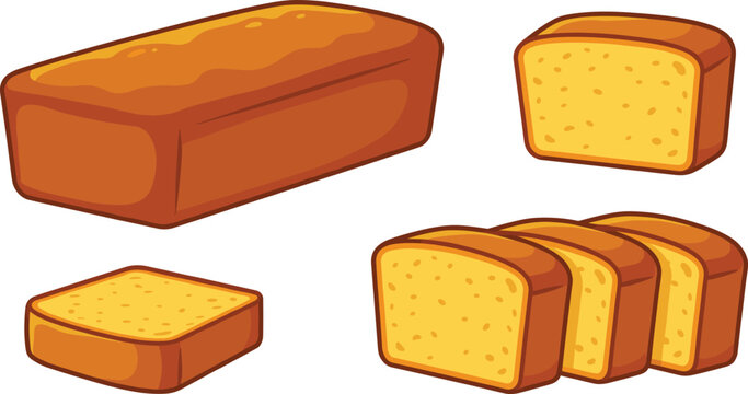 Bakery pound cake vector collection set featuring whole loaf sliced pieces and sponge cake segments isolated on white background