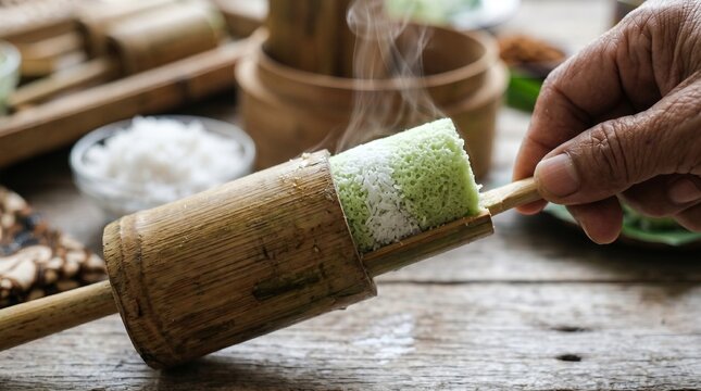 A close-up shot of a local street vendor's hand pushing out a hot steaming Indonesian kue putu bambu green rice cake from a traditional natural bamboo mold over a rustic table.