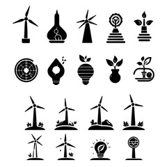 Fototapeta premium Wind turbine and renewable green energy solid black vector icons set with eco plants and windmills.
