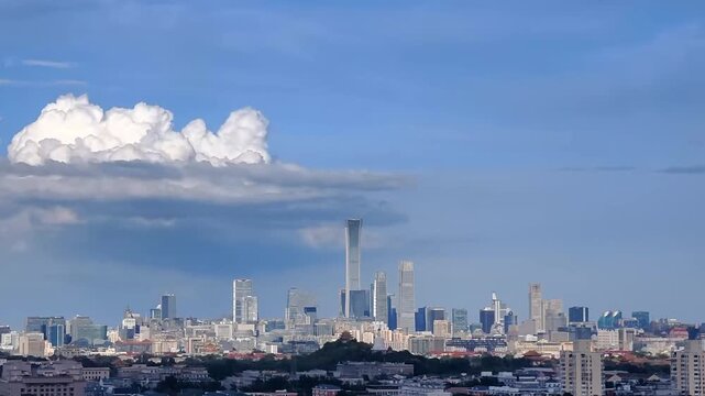 Timelapse Beijing Skyline with China Zun and White Pagoda under Blue Sky
