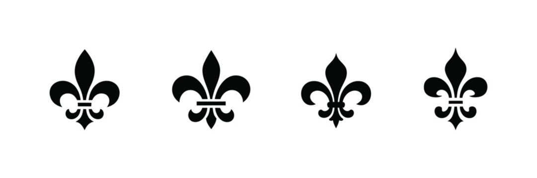 Fleur-de-lis icon set featuring heraldic lily symbols, royal ornaments, medieval French decorations and scout emblems in flat black silhouette style.