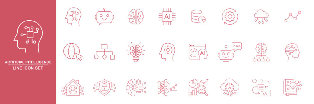 Artificial Intelligence AI outline icon set. Featuring brain, chip, robot, neural net, and algorithm symbols. Editable stroke vector icons for tech startup and machine learning software.