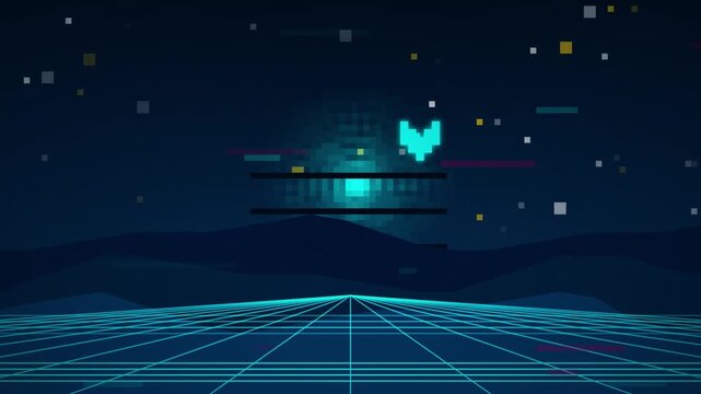 Abstract digital technology data visualization futuristic dark background with floating pixels and geometric shapes