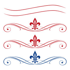 Red and blue fleur de lis scroll flourishes set. © yeasin