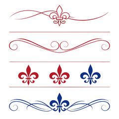 Red and blue fleur de lis decorative elements set. © yeasin
