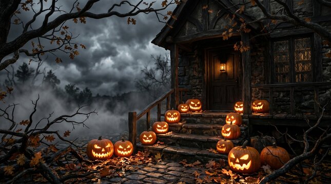 Spooky halloween scene with jack o lanterns on stone steps of old wooden house