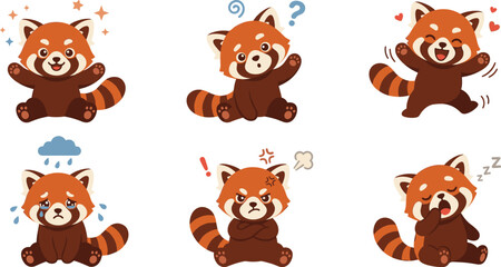 Cute red panda cartoon character emoji collection set featuring funny asian wildlife mascots showing diverse facial expressions and emotions isolated on white background © Kuddus