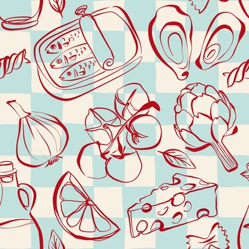 Retro kitchen food seamless pattern - sardines, oysters, cheese pasta on checkered background