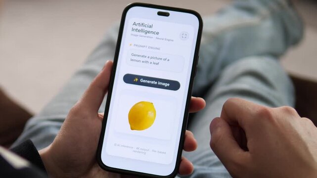 Viewing a generated image on an AI app. The screen displays a prompt Generate a picture of a lemon with a leaf and the resulting lemon image. Perfect for AI tech, creative tools, and neural engine