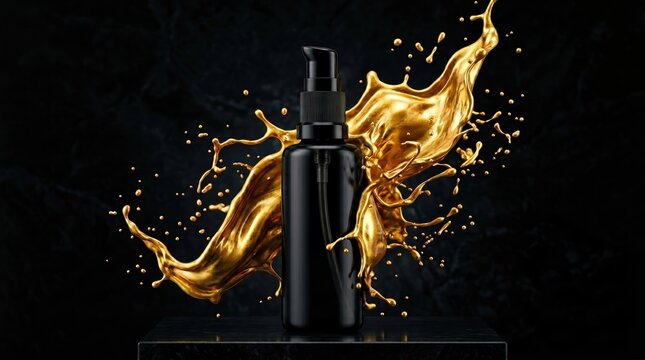 Premium black glass cosmetic bottle on stone pedestal with explosive liquid gold splash background