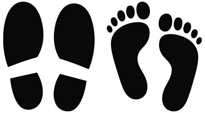 Footprints and feet illustration set featuring bare feet, toes, shoe prints and walking track outlines in vector style.