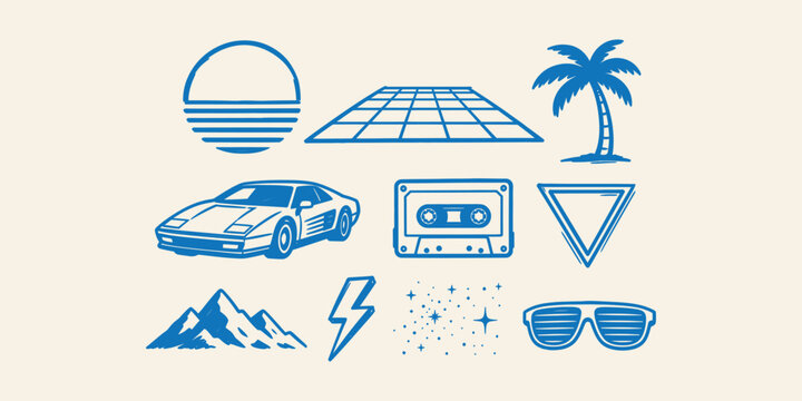 Retro 1980s synthwave aesthetic doodle icon set with sports car cassette tape palm tree grid and neon sun vector illustration