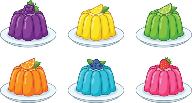 Fruit gelatin dessert jelly vector collection set featuring colorful molded puddings with grape lemon lime orange blueberry and strawberry toppings on plates isolated on white background