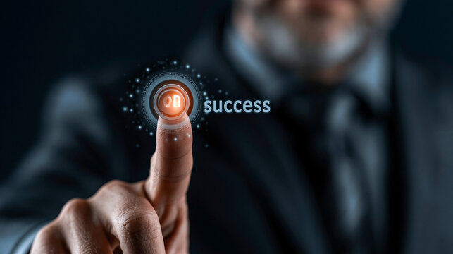 Achieving Success: A businessman's hand presses a glowing button labeled success, symbolizing the pursuit and attainment of goals in the digital age.