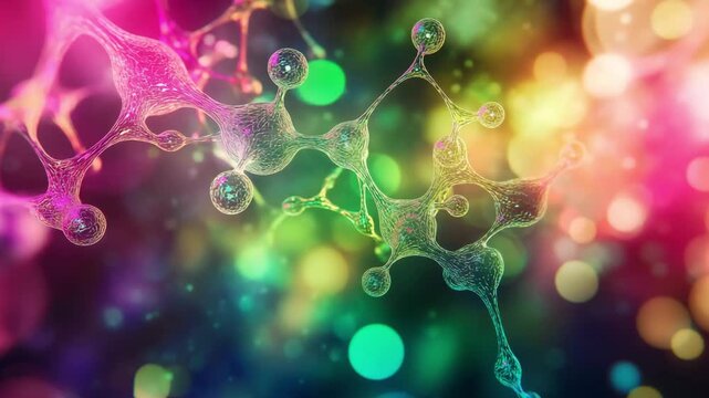 Molecular connections display colorful patterns against a blurred background of bright circles and lights