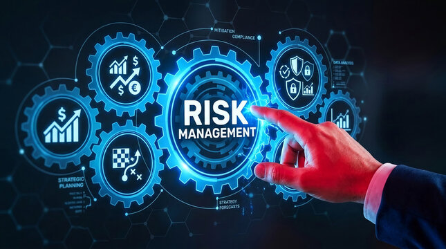 Digital interface displaying interconnected gears with risk management icons, a finger pointing at the central concept, symbolizing strategic business planning and control