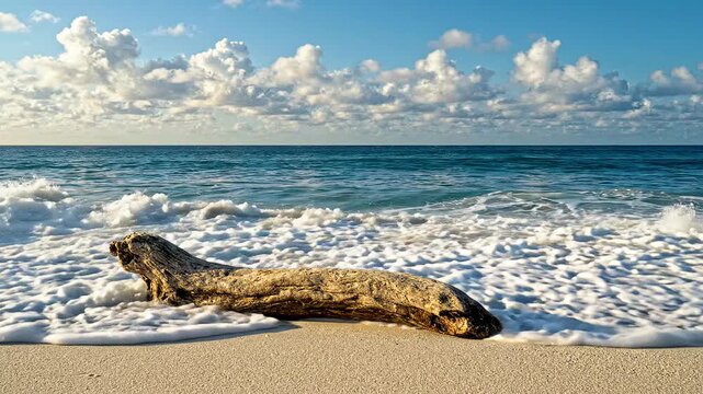 Serene ocean waves break and foam over a weathered driftwood log lying on a pristine tropical beach under a clear sunny sky.