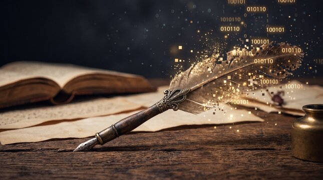 Vintage feather quill pen transforming into digital binary code