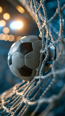 Naklejka premium Soccer Goal Net: A soccer ball is caught in the net after scoring a goal. The image evokes the excitement and triumph of the game.