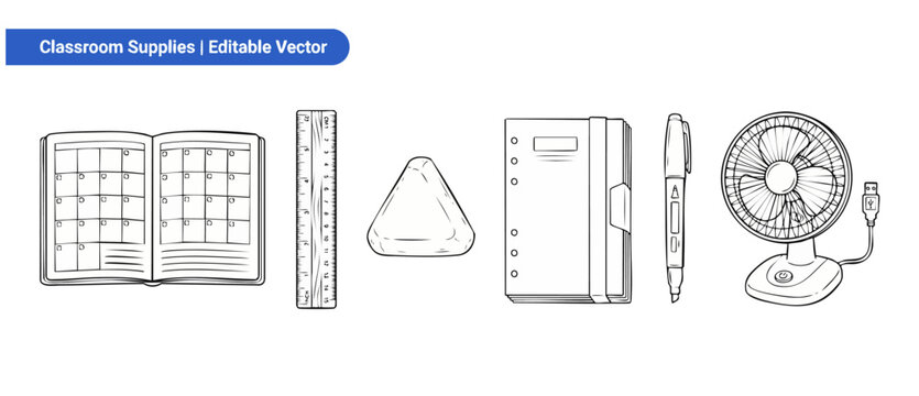 School supplies vector line art icon set featuring open calendar planner book, wooden ruler, triangular student eraser, ring binder organizer, highlighter marker pen, and small USB desk fan on white.