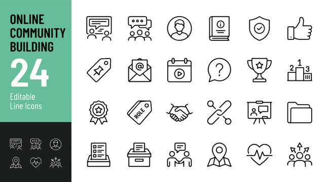Online community building line icon set. Engagement, social networking, communication, forum moderation, membership minimal vector illustration. Simple outline signs for digital growth. Stroke.