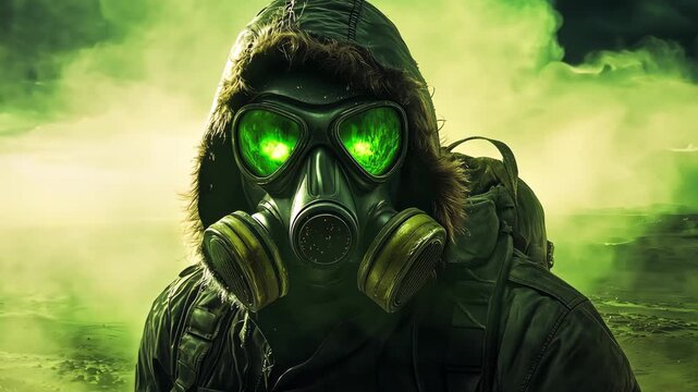 A person wearing a gas mask stands in a green environment with smoke and clouds, suggesting a mysterious or hazardous situation
