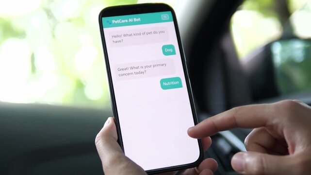 Using a PetCare AI Bot to get advice for a dog. The user selects Nutrition and Puppy, Kitten age via chat. Perfect for pet care apps, AI coaching, and digital veterinary visuals