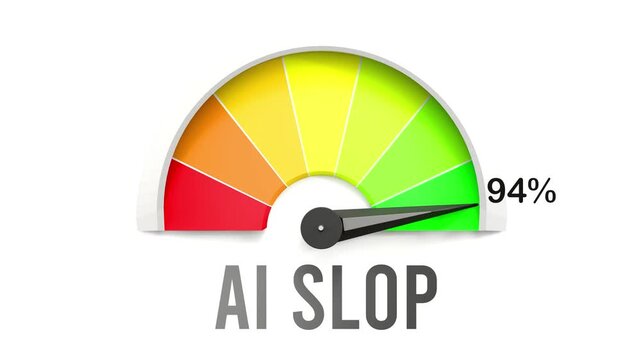 Ai slop meter showing high values of ai slop. Increasing and rising ai slop, reaching full, off the charts. Maximum amount of ai slop. No AI, made by humans for humans.