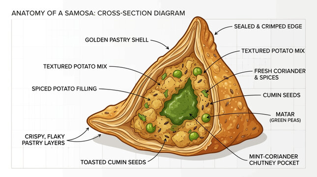 Samosa anatomy, cross-section diagram, Indian food, vector illustration, snack structure