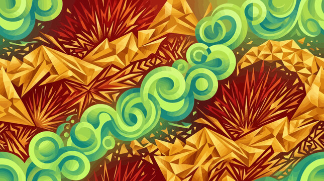 Vibrant abstract background, colorful swirling patterns, gradient shapes, decorative illustration, seamless design