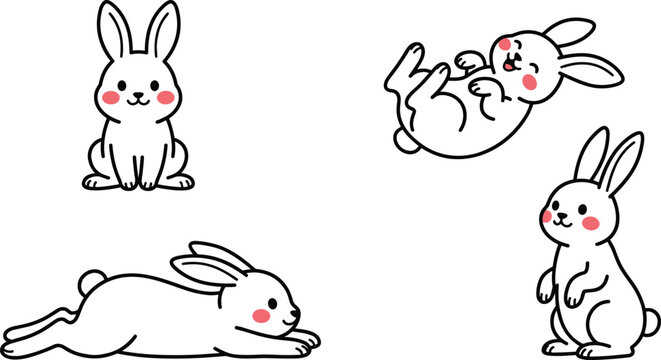 Cute white bunny rabbit character line art vector collection set featuring funny cartoon pets sitting rolling on back lying down and standing isolated on white background