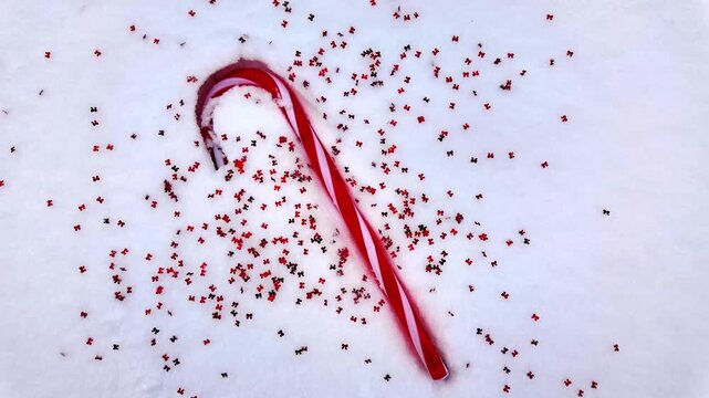 Christmas candy cane with red and white stripes stuck in fluffy white snow, sprinkled with tiny glossy red bow shaped confetti, top view, high contrast winter colors, bright outdoor daylight.