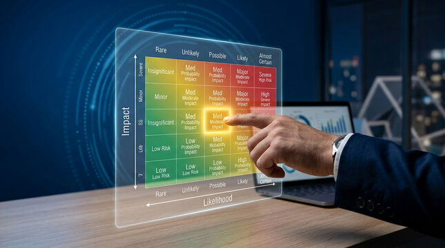 A hand interacts with a holographic risk assessment matrix, showcasing probability and impact analysis for informed decision making, representative of business strategy and planning