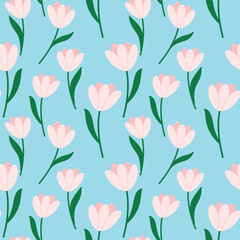 Obraz premium Seamless pattern of tulip flowers o blue background. Vector illustration in flat style for textiles, wallpaper, wrapping paper. 